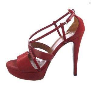 GUCCI Red Suede Patent Leather Platform Stiletto Heels Sandals EU 37.5/7.5